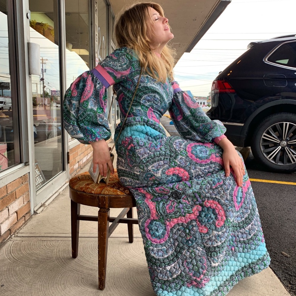 SOLD 1960s Pastel Paisley Print & Puff Maxi